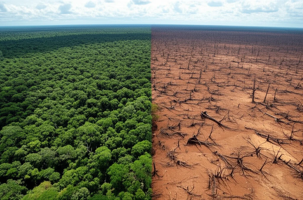 Un'immagine divisa a metà: da un lato un paesaggio lussureggiante e verde dell'Amazzonia prima della siccità, dall'altro lo stesso paesaggio arido, con alberi secchi e terreno screpolato, a simboleggiare l'impatto della siccità. Stile fotorealistico, obiettivo grandangolare 20mm per catturare l'ampiezza del cambiamento, illuminazione naturale che enfatizza il contrasto tra le due metà.
