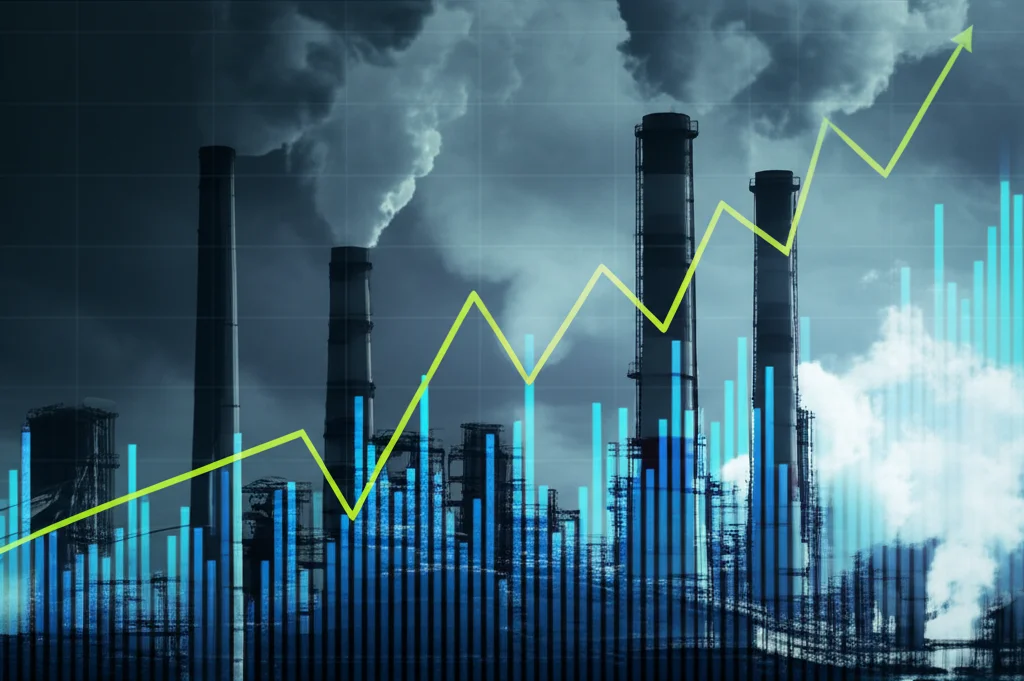 Un grafico finanziario astratto con linee di tendenza in forte crescita, sovrapposto a un'immagine di ciminiere industriali che emettono fumo denso. L'immagine vuole simboleggiare gli investimenti in settori ad alta emissione. Stile fotorealistico, obiettivo macro 100mm per i dettagli del grafico, con profondità di campo che sfoca leggermente le ciminiere sullo sfondo, illuminazione da studio.