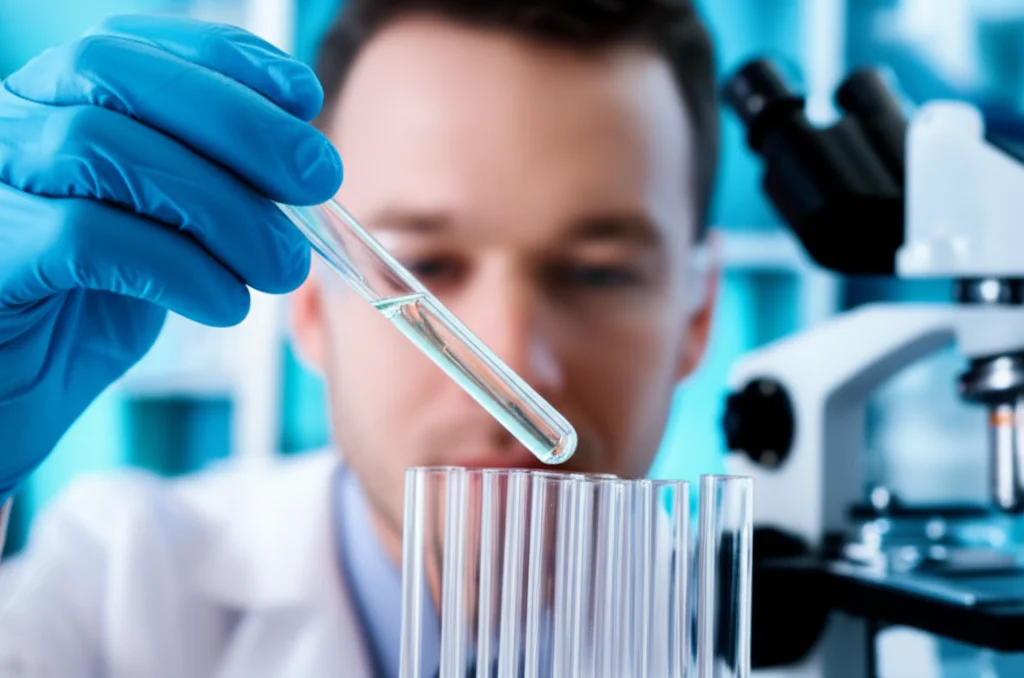 Un tecnico di laboratorio osserva attentamente la formazione di un gel di nanosilice in una provetta, con attrezzature scientifiche sullo sfondo. Macro lens, 60mm, high detail, precise focusing, controlled lighting per evidenziare la texture del gel.