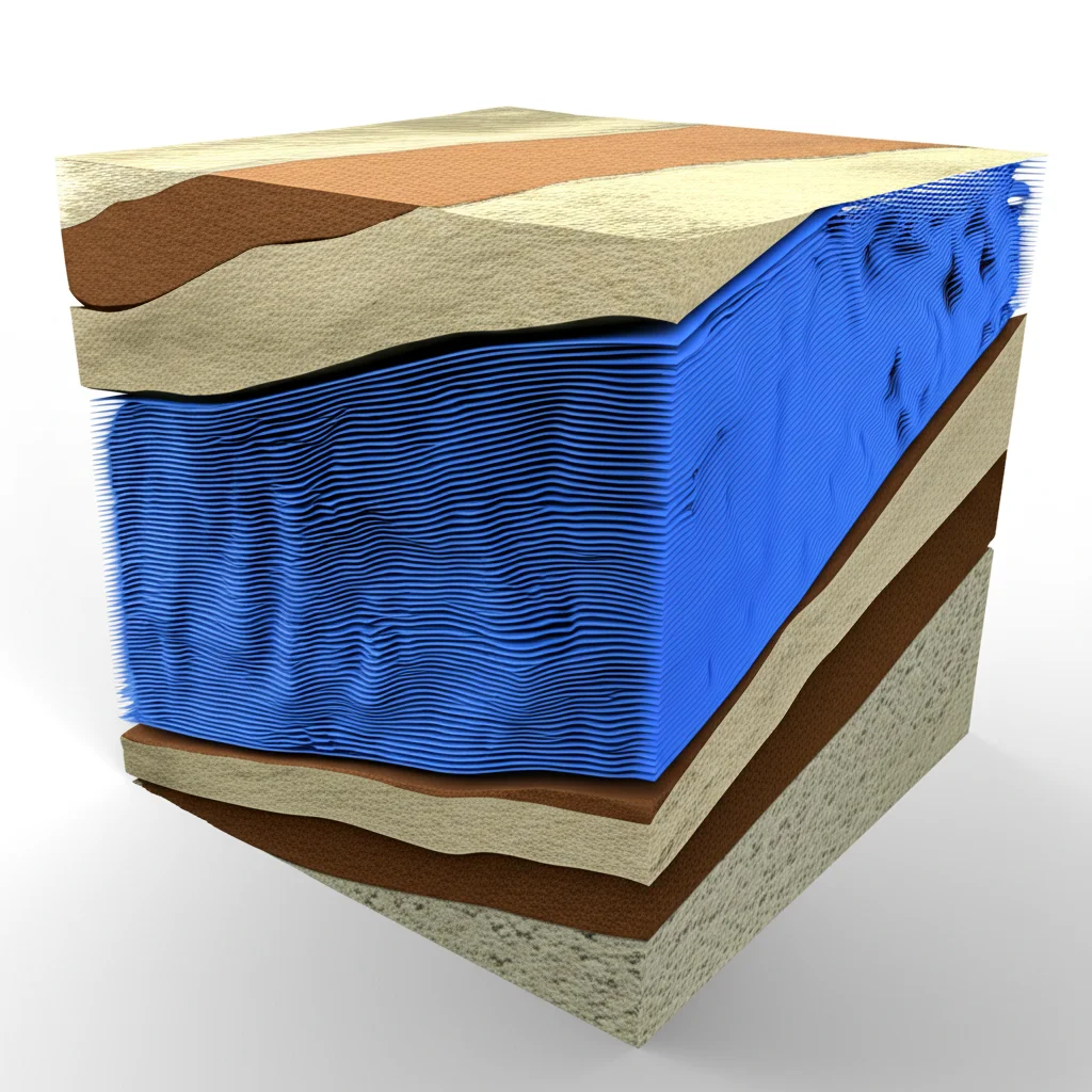 Simulazione 3D che mostra la distribuzione del gel di nanosilice (in blu) all'interno di una formazione rocciosa eterogenea (strati di diverso colore e texture), evidenziando la penetrazione preferenziale nelle zone ad alta permeabilità. Wide-angle, 15mm, sharp focus, per dare un senso di profondità e complessità.