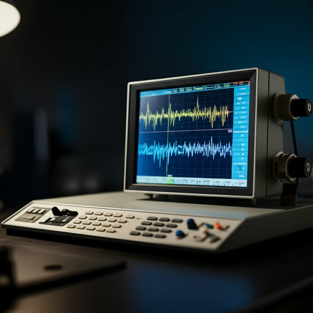 Fotografia realistica di un sismografo moderno che registra un forte terremoto, con grafici di onde sismiche visibili su uno schermo digitale illuminato. Macro lens, 60mm, high detail, precise focusing, controlled lighting, sfondo scuro per enfatizzare lo schermo.