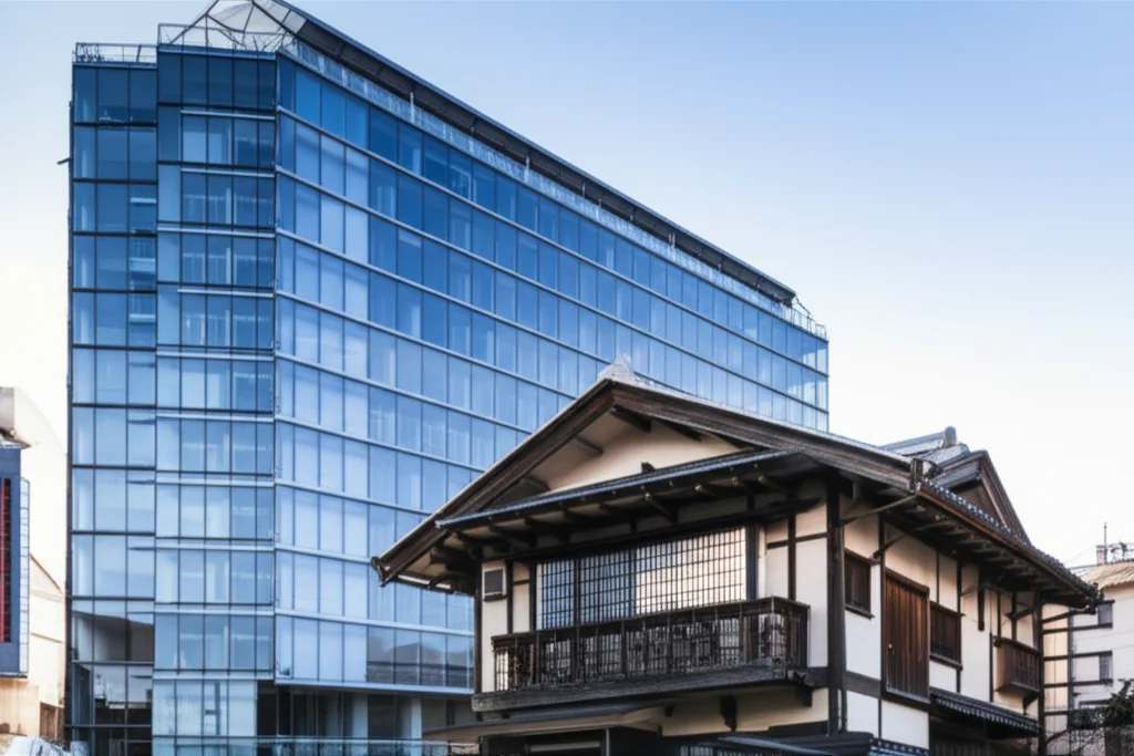Immagine fotorealistica di un edificio giapponese moderno con evidenti rinforzi antisismici in acciaio visibili sulla facciata, accanto a una casa tradizionale in legno che mostra la sua struttura. Prime lens, 35mm, depth of field, luce naturale diffusa del mattino, contrasto tra vecchio e nuovo.