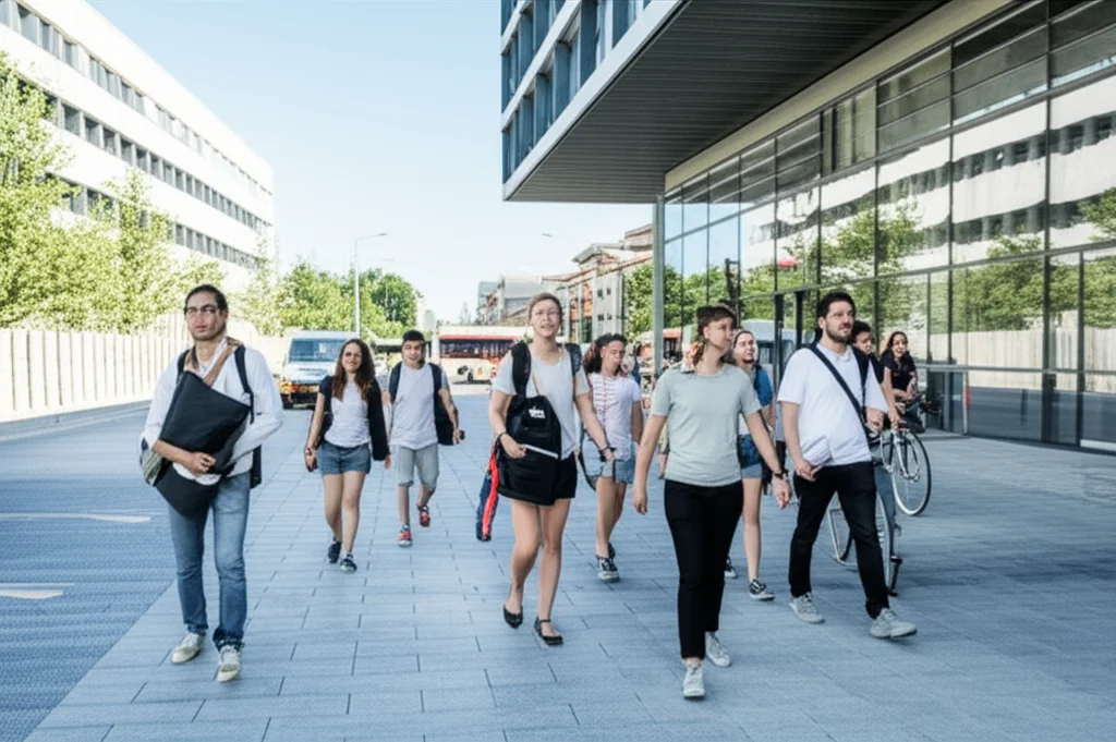 Un gruppo eterogeneo di studenti e personale universitario che si dirige verso un moderno edificio universitario in una giornata di sole. Alcuni camminano, altri sono in bicicletta, sullo sfondo si intravede un autobus. Obiettivo zoom 24-35mm, profondità di campo per mantenere a fuoco il gruppo principale ma mostrando anche il contesto, luce naturale vivace.