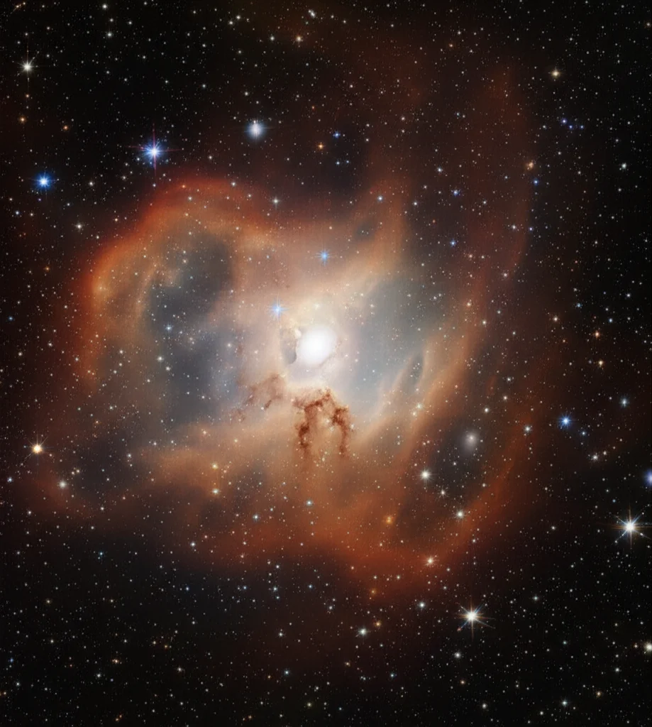 Visualizzazione fotorealistica di una vasta regione dello spazio profondo dove il collasso gravitazionale di materia oscura (rappresentata come particelle scure) e un campo di energia oscura (visualizzato come una nebbia eterea e colorata) sta dando origine a un ammasso di galassie primordiali. Si vedono i filamenti della rete cosmica che convergono, illuminati da giovani stelle bluastre. Astronomical, wide-angle, 10mm, long exposure times, sharp focus, dettagli intricati delle nebulose e delle giovani stelle, colori cosmici vibranti con contrasto tra il blu delle stelle e i toni caldi della nebbia di energia oscura.