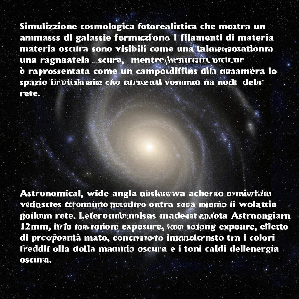 Simulazione cosmologica fotorealistica che mostra un ammasso di galassie in formazione. I filamenti di materia oscura sono visibili come una ragnatela bluastra scura, mentre l'energia oscura è rappresentata come un campo diffuso di colore rossastro che permea lo spazio e modera il collasso. Le galassie nascenti brillano intensamente nei nodi della rete. Astronomical, wide-angle, 12mm, long exposure, sharp focus, effetto di profondità marcato, contrasto tra i colori freddi della materia oscura e i toni caldi dell'energia oscura.