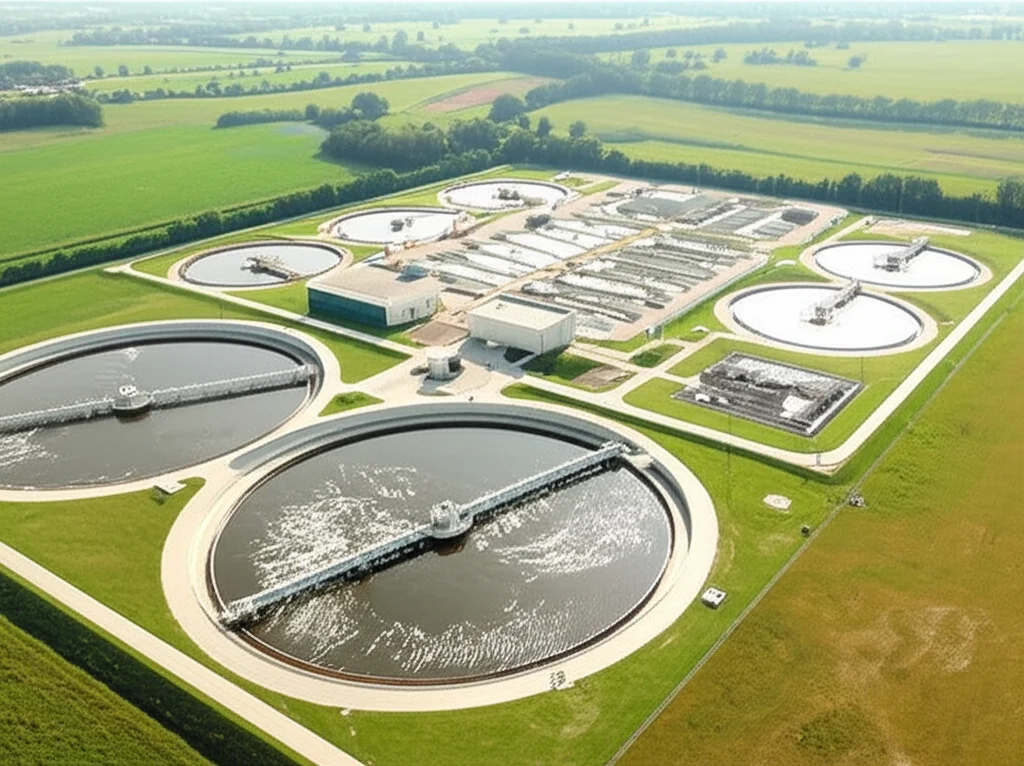 Veduta aerea di un impianto di trattamento acque reflue, con vasche di aerazione circolari e rettangolari, edifici di controllo e aree verdi circostanti. Obiettivo grandangolare 10-24mm, luce diurna diffusa, alta definizione, focus nitido su tutto il panorama, per evidenziare la complessità e l'estensione dell'impianto.