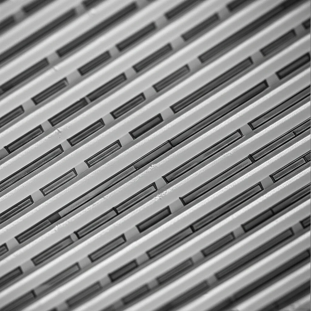 Macro fotografia di una metasuperficie dielettrica con risonatori a forma di U in silicio, illuminazione controllata per evidenziare i dettagli, obiettivo macro 60mm, alta definizione, focus preciso sulla struttura periodica.