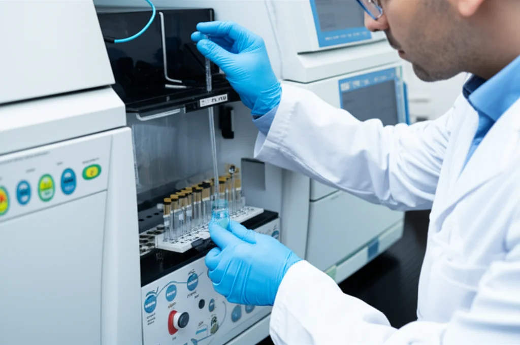 Primo piano di un tecnico di laboratorio che analizza campioni d'aria con strumentazione scientifica avanzata, come un gascromatografo-spettrometro di massa. Obiettivo macro 60mm, illuminazione controllata da laboratorio, alta definizione sui dettagli della strumentazione e delle fiale, sfondo leggermente sfocato per concentrare l'attenzione sull'analisi.