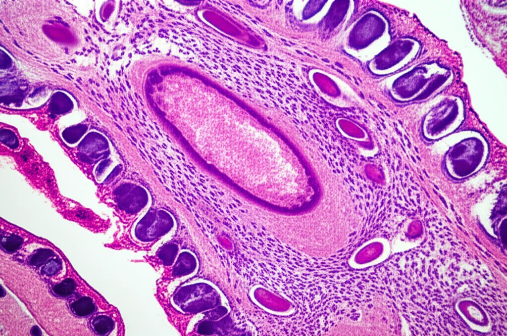Macro fotografia, obiettivo 100mm, di villi intestinali danneggiati dalla celiachia, con infiltrazione di linfociti, illuminazione controllata per evidenziare la texture, alta definizione, con alcune cellule epiteliali che mostrano segni di stress e altre in fase di rigenerazione.