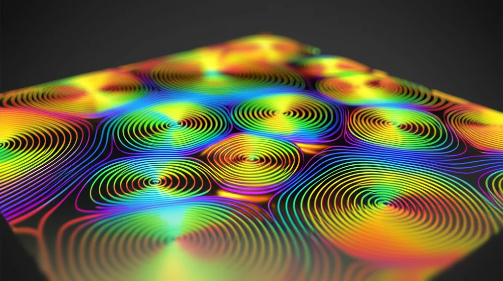 Visualizzazione 3D scientifica dei campi elettromagnetici interagenti con una metasuperficie chirale, con linee di campo colorate che mostrano la rotazione della polarizzazione, resa fotorealistica con profondità di campo per evidenziare la struttura.