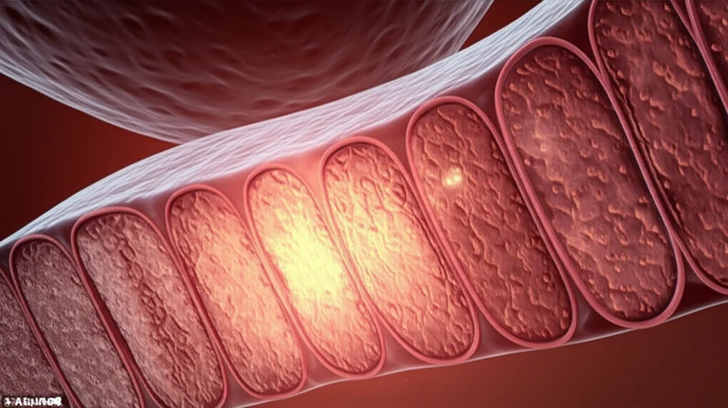Immagine concettuale, stile infografica fotorealistica, che mostra una sezione di intestino con una 'cicatrice' luminosa che simboleggia le alterazioni persistenti a livello cellulare nonostante la dieta senza glutine. Macro lens, 70mm, illuminazione drammatica per enfatizzare la cicatrice.