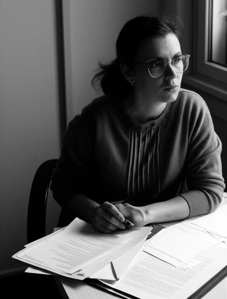 Ritratto di una ricercatrice australiana, espressione pensierosa e stanca, seduta a una scrivania ingombra di documenti di ricerca e lettere di rifiuto, luce soffusa da una finestra laterale. Obiettivo da 35mm, bianco e nero, profondità di campo accentuata per mettere a fuoco il volto e lasciare lo sfondo leggermente sfocato.