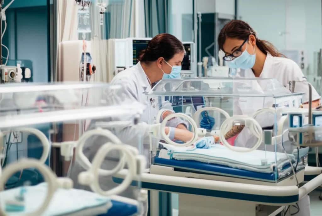 Fotografia di un'unità di terapia intensiva neonatale (NICU) moderna e pulita, con incubatrici visibili. Un medico o un'infermiera, con mascherina e camice, si china con cura su un'incubatrice. Luce soffusa ma chiara, che crea un'atmosfera di attenzione e speranza. Obiettivo prime, 35mm, profondità di campo per mettere a fuoco il personale e l'incubatrice, lasciando lo sfondo leggermente sfocato.