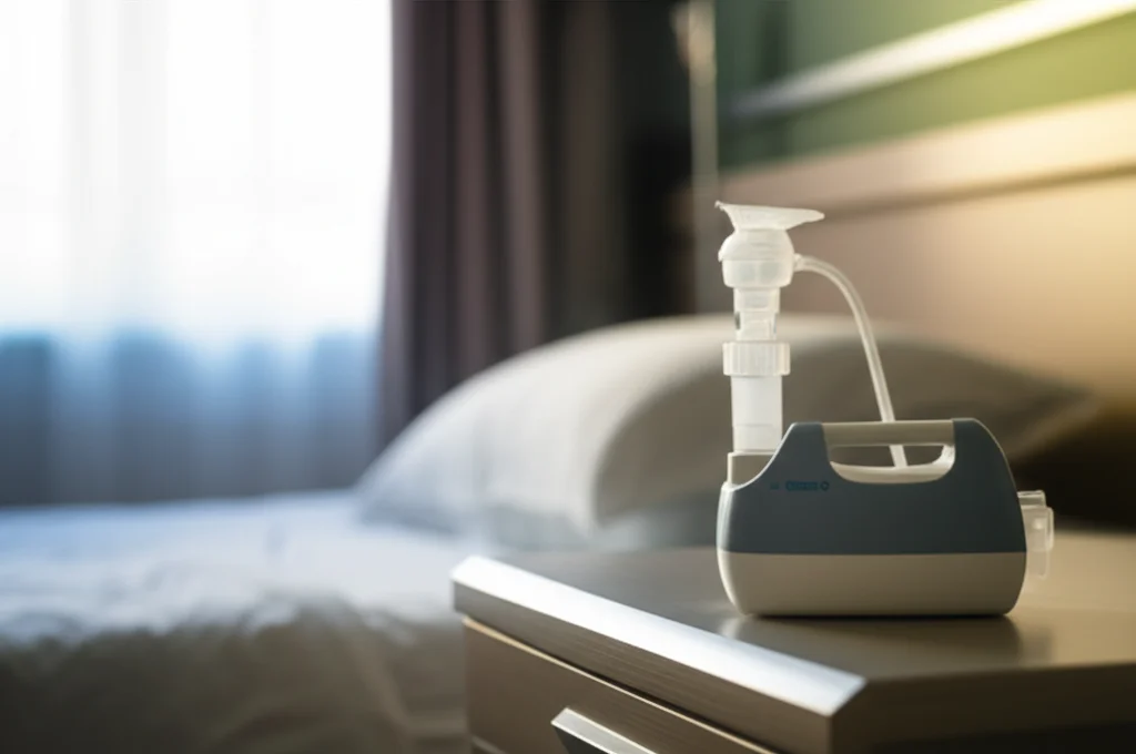 Primo piano di un nebulizzatore medico portatile appoggiato su un comodino accanto a un letto d'ospedale, luce soffusa dalla finestra. Obiettivo macro 85mm, alta definizione, illuminazione controllata.