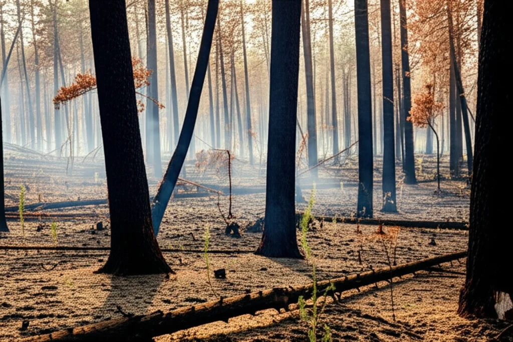 Foresta temperata di pino silvestre devastata da un incendio recente, con giovani piantine di betulla e pioppo tremulo che iniziano a spuntare tra il terreno annerito e gli alberi carbonizzati. Luce del mattino che filtra attraverso il fumo residuo. Macro lens, 60mm, high detail, precise focusing, controlled lighting.