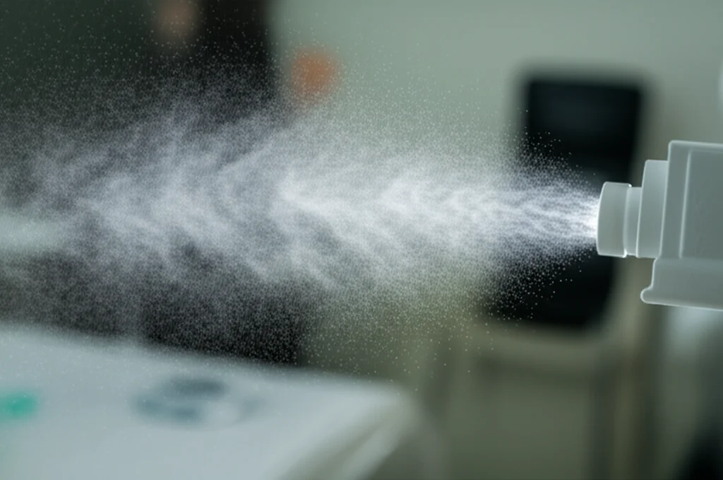 Fotografia macro di goccioline di farmaco nebulizzato che fluttuano nell'aria contro uno sfondo leggermente sfocato di una stanza di cura. Obiettivo macro 100mm, alta definizione, messa a fuoco precisa.