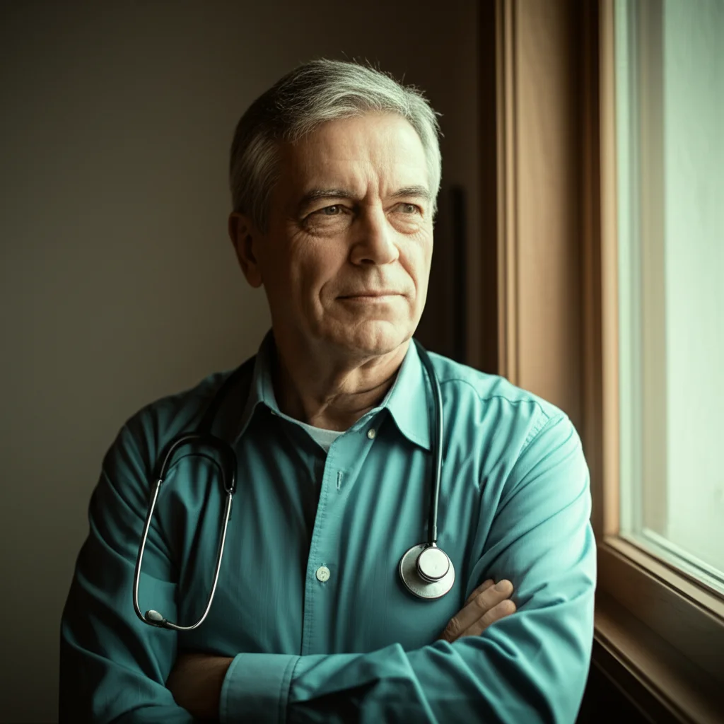 Ritratto di un medico palliativista pensieroso che guarda fuori da una finestra, luce naturale. Obiettivo prime 35mm, profondità di campo, toni leggermente desaturati.