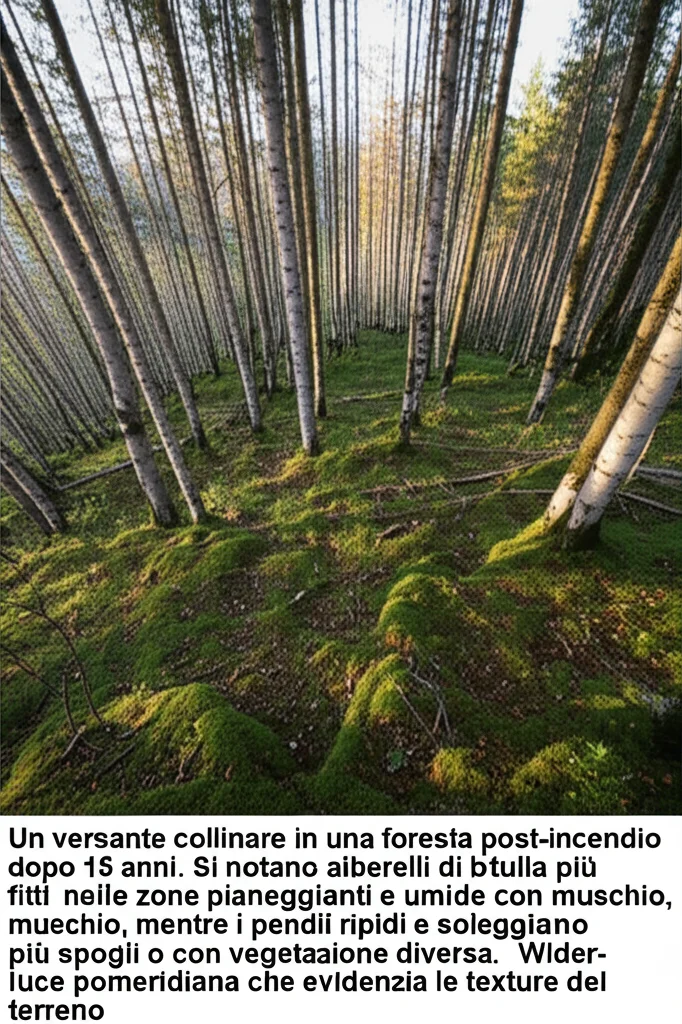 Un versante collinare in una foresta post-incendio dopo 15 anni. Si notano alberelli di betulla più fitti nelle zone pianeggianti e umide con muschio, mentre i pendii ripidi e soleggiati appaiono più spogli o con vegetazione diversa. Wide-angle lens, 15mm, sharp focus, luce pomeridiana che evidenzia le texture del terreno.