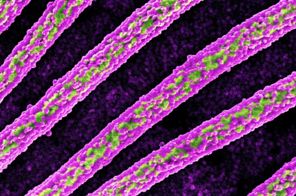 Immagine al microscopio elettronico di fibrille di alfa-sinucleina aggregate, con dettagli ad alta risoluzione che mostrano la loro struttura filamentosa. Macro lens, 105mm, high detail, precise focusing, controlled lighting, per evidenziare la natura patologica delle PFFs.