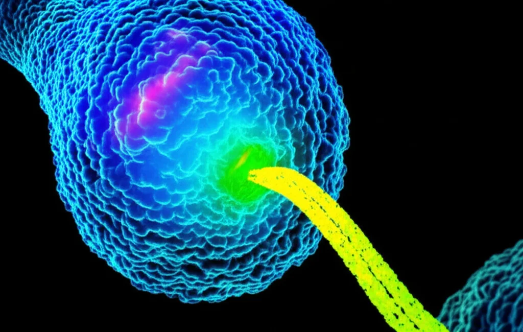Illustrazione concettuale di un neurone dopaminergico che mostra il ripristino del trasporto assonale grazie all'azione di farmaci inibitori su AMPK e p38 MAPK. Telephoto zoom, 100mm, con colori brillanti che indicano la salute neuronale ripristinata, per simboleggiare la speranza terapeutica.