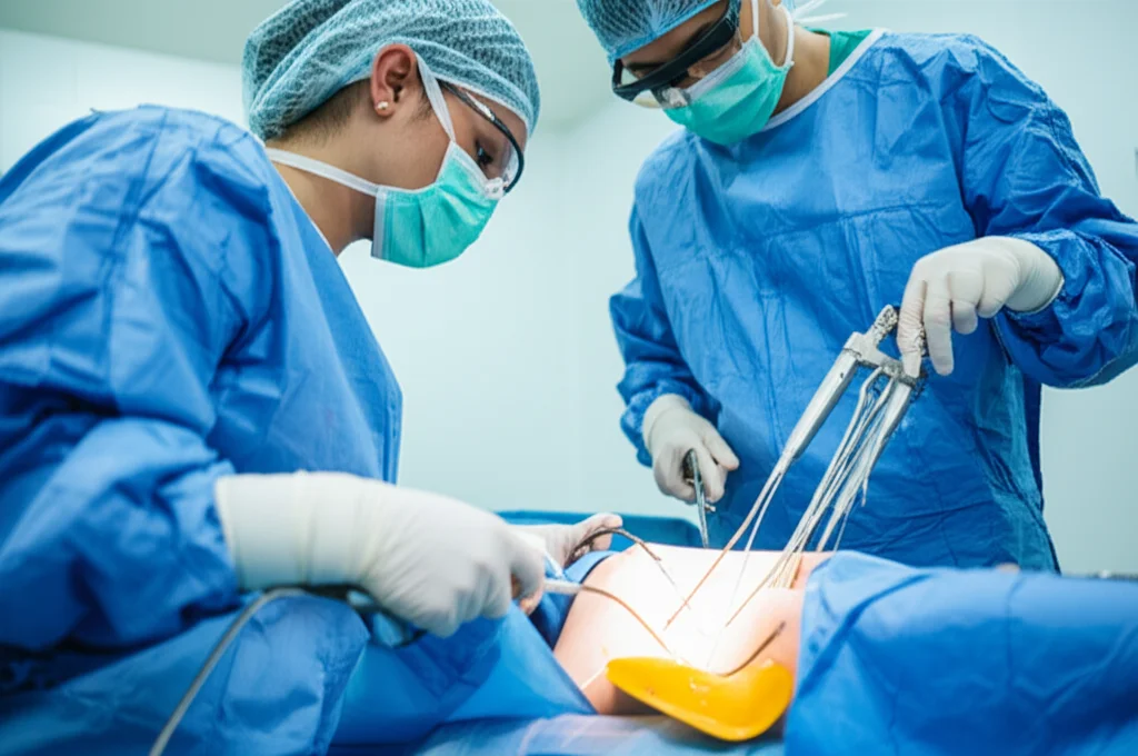 Una sala operatoria moderna e luminosa, un chirurgo ortopedico e la sua équipe sono concentrati durante un intervento di artroplastica totale di ginocchio. Macro lens, 60mm, high detail, precise focusing, controlled lighting, si vedono chiaramente gli strumenti chirurgici e il ginocchio del paziente esposto. L'atmosfera è di alta professionalità e tecnologia.