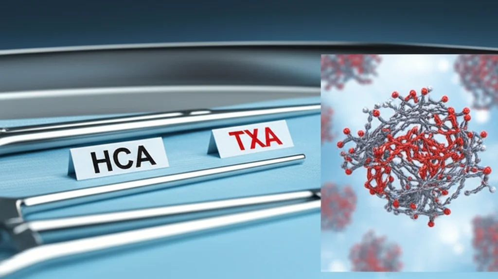 Due fiale di farmaci etichettate 'HCA' e 'TXA' appoggiate su un vassoio chirurgico sterile. Accanto, una rappresentazione grafica 3D di molecole di fibrinogeno che si trasformano in una rete di fibrina. Macro lens, 100mm, high detail, precise focusing, controlled lighting, sfondo blu medico.