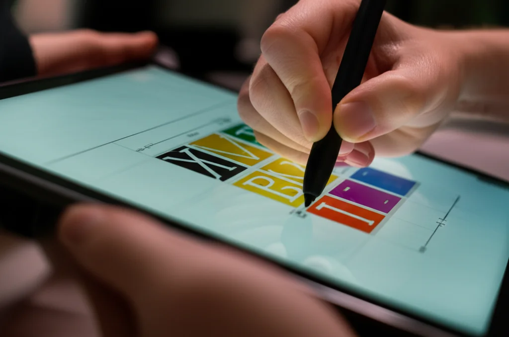 Una persona utilizza uno stilo su un tablet per selezionare oggetti colorati e compositi (metà forma A di colore X, metà forma B di colore Y) visualizzati su uno schermo. L'immagine è un primo piano sull'interazione mano-stilo-tablet, con illuminazione da studio controllata e un obiettivo macro da 85mm per catturare l'alta definizione dei dettagli. Lo sfondo è leggermente sfocato per enfatizzare l'azione.