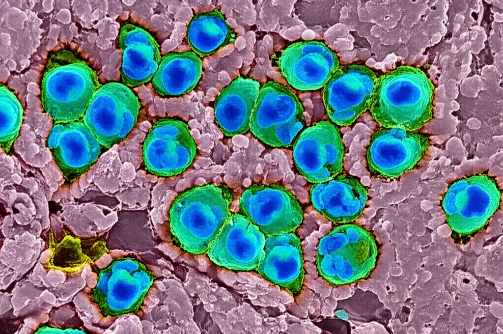 Immagine macro ad alta definizione di cellule T CD8+ che attaccano cellule infettate da virus nel tessuto cerebrale, illuminazione controllata, obiettivo macro 100mm, focus preciso.