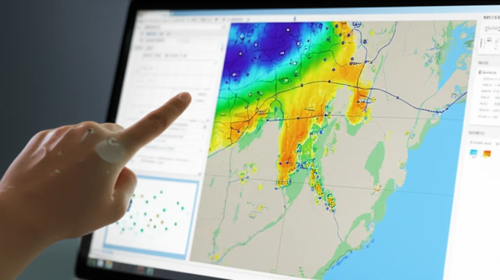 Visualizzazione grafica di dati scientifici su uno schermo, che mostra mappe di calore o grafici a dispersione indicanti i punti di contatto preferenziali su oggetti stilizzati. L'immagine è un rendering 3D fotorealistico con illuminazione da studio, obiettivo macro da 100mm per dettagli nitidi, e un focus preciso sui pattern di dati, simulando l'analisi dei risultati di un esperimento di tracciamento motorio.