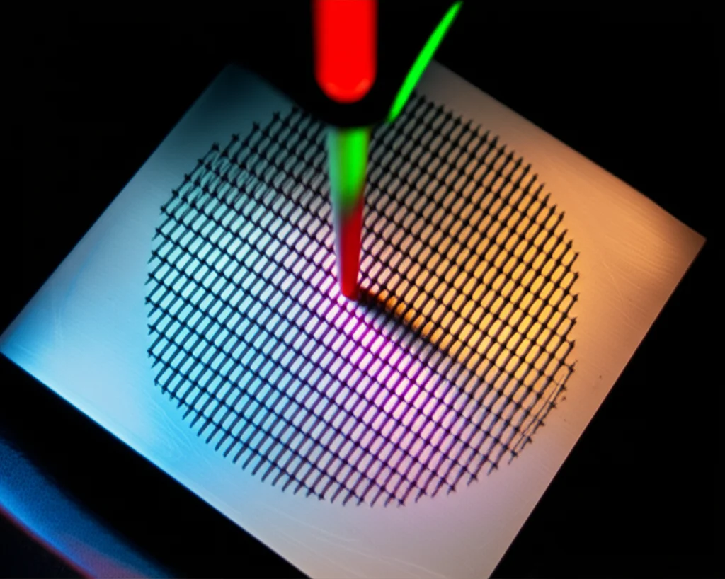 Immagine macro di una metasuperficie di silicio con nano-pilastri illuminata da un fascio laser colorato, che mostra la luce diffratta in pattern complessi ad anello. Obiettivo macro, 100mm, alta definizione, illuminazione controllata per evidenziare i dettagli sub-micrometrici e la purezza del silicio.