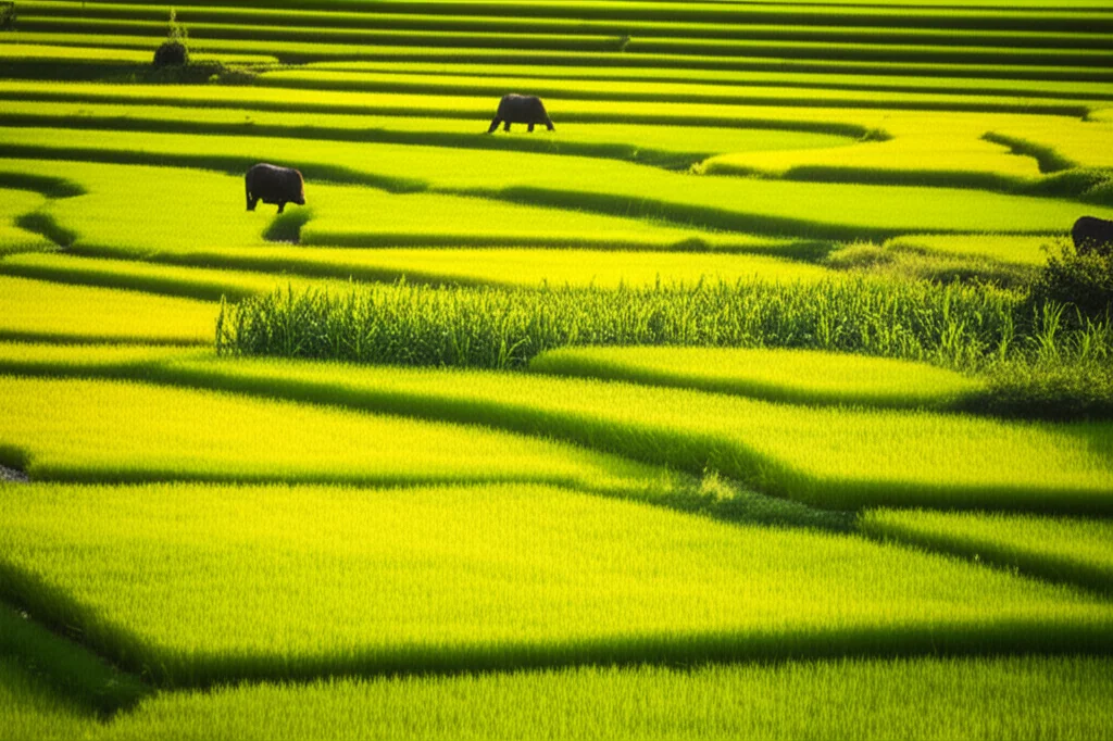 Un campo di riso biologico diversificato nel nord-est della Thailandia, con filari di mais e legumi che crescono accanto alle risaie. In lontananza, alcuni bufali pascolano. Obiettivo grandangolare 15mm, luce del tardo pomeriggio, colori saturi, elevato dettaglio delle diverse colture.
