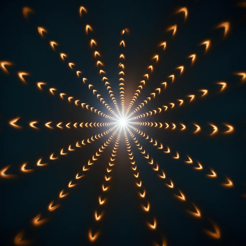 Visualizzazione 3D di un fascio di luce vettoriale perfetto azimutalmente variabile, con un anello luminoso centrale e frecce che indicano la variazione della polarizzazione lungo la circonferenza. Sfondo scuro per enfatizzare la luce. Obiettivo prime, 35mm, profondità di campo, duotone blu e ambra.