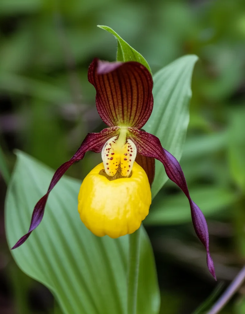 Lente macro, 60 mm, fiore di cipripedium calceolo che mostra il labellum e l'ingresso simili a sacchetti, alti dettagli, messa a fuoco precisa, illuminazione controllata, sfondo naturale morbido di fogliame verde.