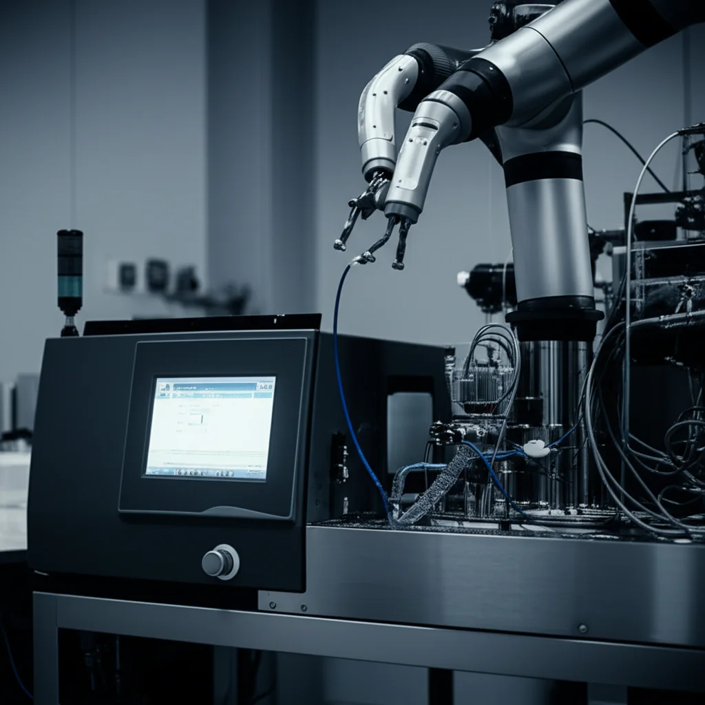 Fotografia di un moderno modulo di sintesi automatizzato per radiofarmaci (tipo AllInOne Trasis) in un laboratorio GMP, con display luminoso acceso e bracci robotici visibili. Obiettivo 35mm, stile film noir con contrasto accentuato tra luci e ombre, profondità di campo che sfoca leggermente lo sfondo.