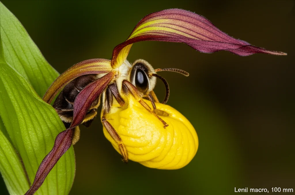 Lenti macro, 100 mm, un'ape solitaria (Andrena o Lasioglossum) che esce dal fiore di cipripedium calceolo con un polline giallo visibile immerge sul suo torace, alti dettagli, messa a fuoco precisa, scatto d'azione che cattura il momento dell'uscita, sfollamento del background forestale.