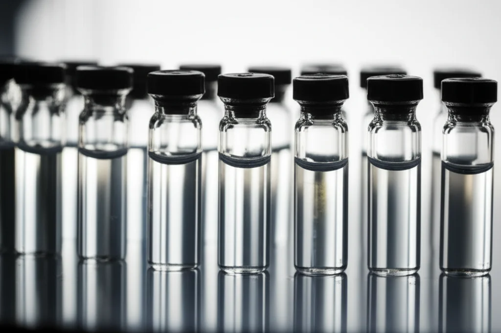 Fotografia macro di piccole fiale di vetro contenenti un liquido trasparente ([18F]fallypride), allineate su un vassoio metallico in un laboratorio. Obiettivo macro 100mm, alta definizione, illuminazione controllata laterale per creare riflessi sul vetro, sfondo leggermente sfocato.