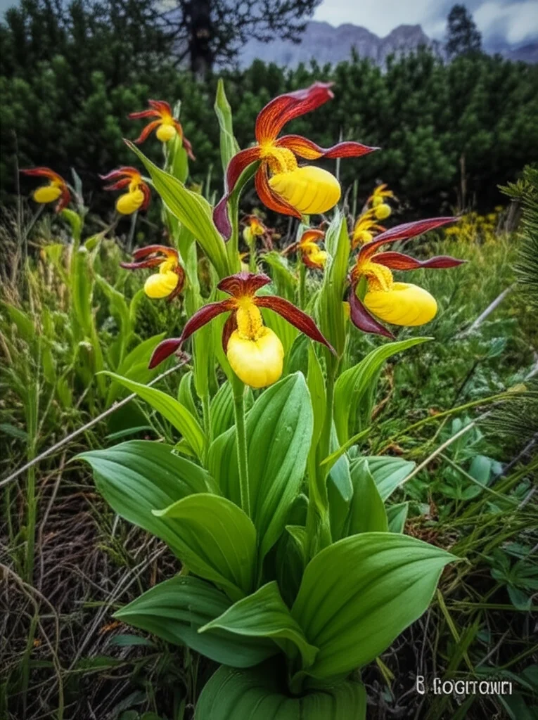 Grandangolare, 15 mm, un pendio di montagna nelle Alpi con macchie di cipripedium calceolo che fiorivano in abete e pini, mostrando il cambiamento nella vegetazione con altitudine, focus acuto, lunga esposizione per nuvole lisce se presente, illustrando un ambiente alpino.