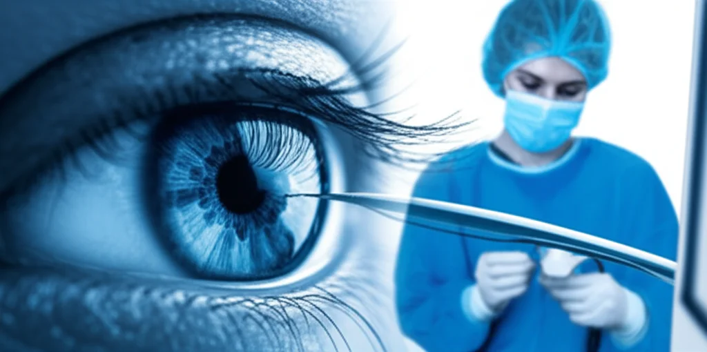 Immagine composita che mostra un occhio umano con sovrapposte mappe di aberrazione colorate e un chirurgo che esegue un intervento LASIK, alta tecnologia, precisione medica, lente prime 35mm, duotone blu e argento, profondità di campo.