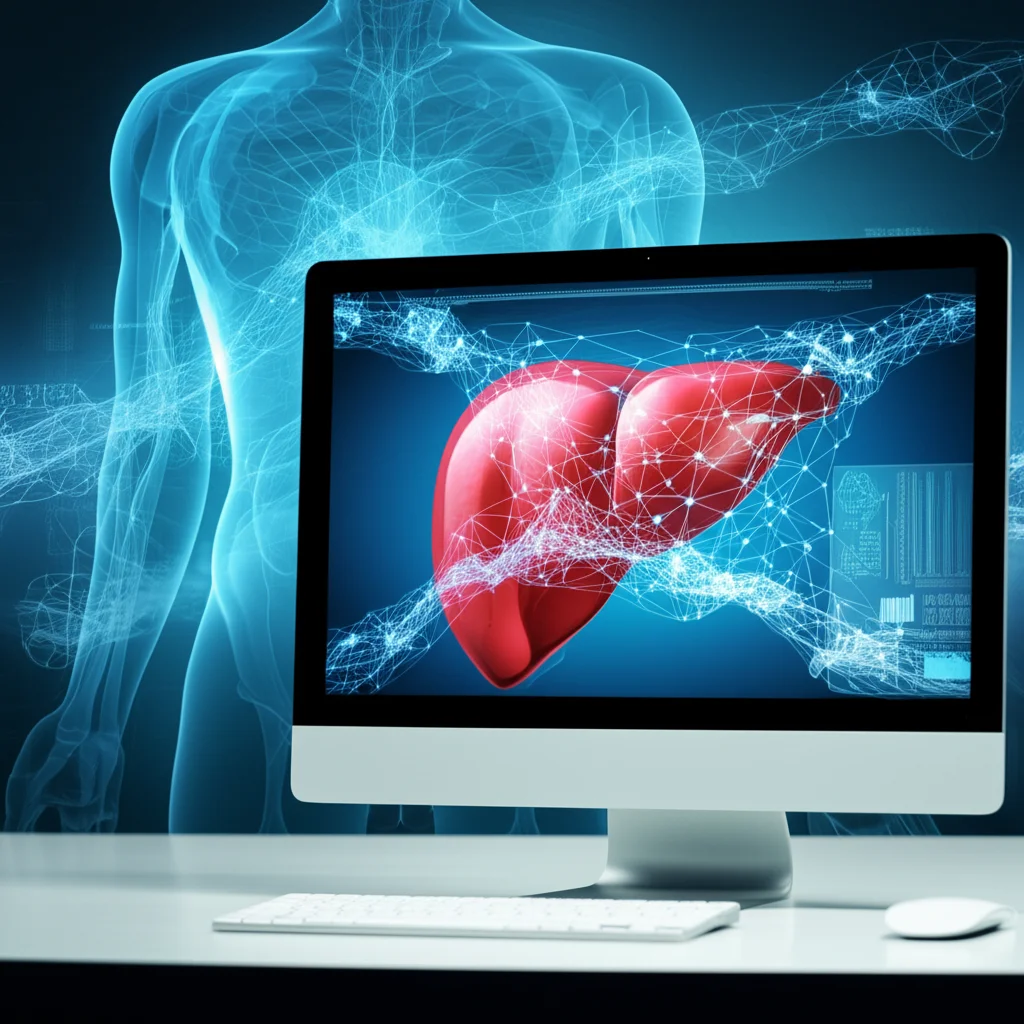 Immagine concettuale fotorealistica che mostra una rete neurale stilizzata e luminosa sovrapposta a un'immagine medica di un fegato umano visualizzata su uno schermo di computer avanzato in un ambiente clinico high-tech. La rete neurale simboleggia l'analisi AI dei dati medici per ottimizzare le cure oncologiche. Macro lens 100mm, high detail, precise focusing, controlled lighting, sfondo leggermente sfocato per enfatizzare lo schermo.