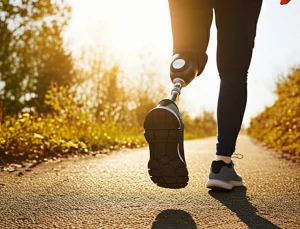 Immagine fotorealistica di una persona con una protesi all'arto inferiore che cammina con sicurezza su un sentiero illuminato dal sole, sensori inerziali discreti visibili sulla protesi e sul corpo. Obiettivo zoom 35mm, profondità di campo per enfatizzare il movimento fluido, atmosfera positiva e tecnologica.
