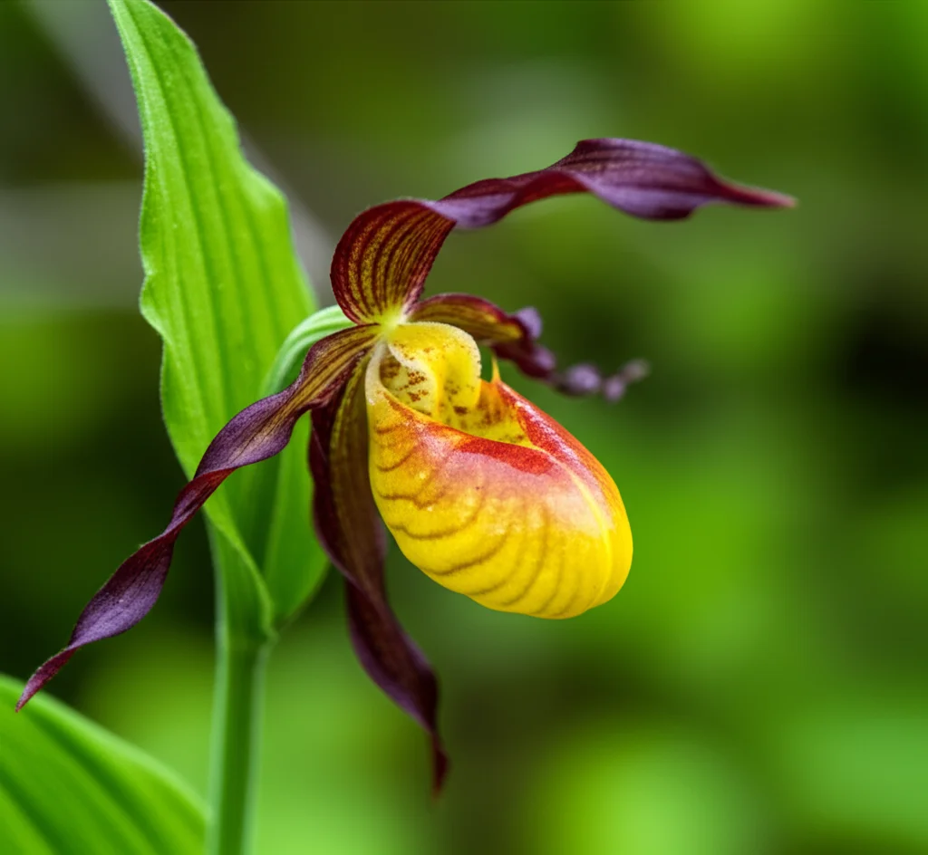 Lenti macro, 60 mm, primo piano di un vibrante fiore di cipripedium calceolo giallo (orchidea da slippista di Lady) con la sua caratteristica labellum a forma di sacca, che mostra dettagli e trame intricati, dettagli elevati, messa a fuoco precisa, illuminazione controllata, contro un background di foresta verde dolcemente sfocata.