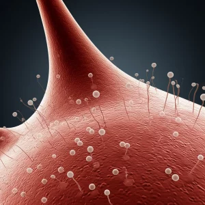 Macro lens, 105mm, high detail, precise focusing, controlled lighting showing tiny spherical extracellular vesicles interacting with the surface of a brain neuron.
