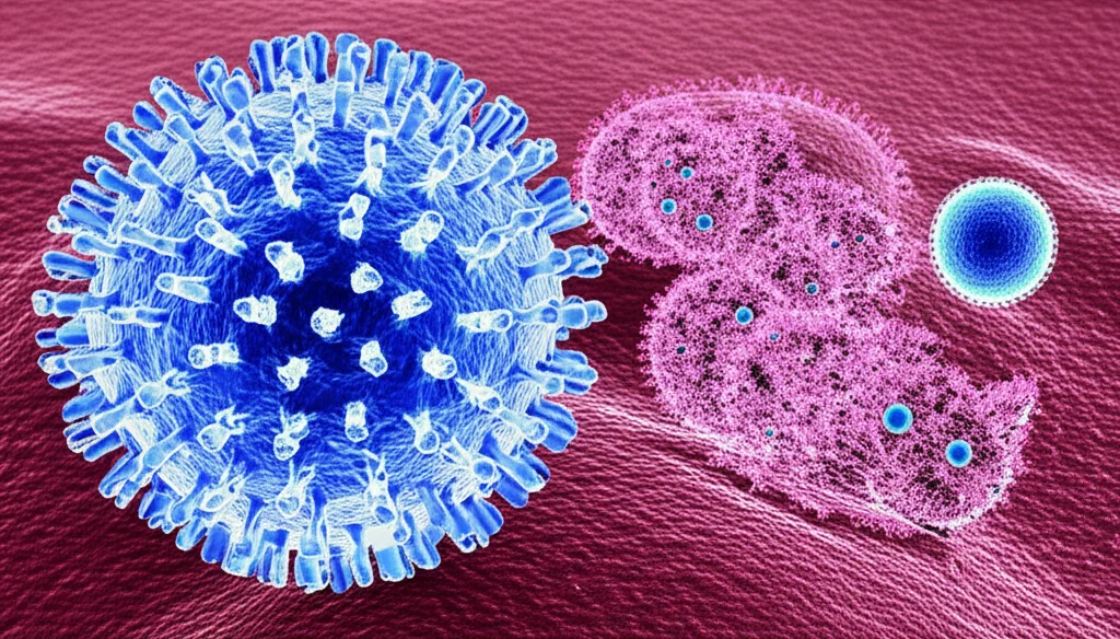 Macro lens 105mm shot of Lassa virus particles next to a microscopic view of guinea pig cells, high detail, precise focusing, controlled lighting, illustrating host-pathogen interaction.