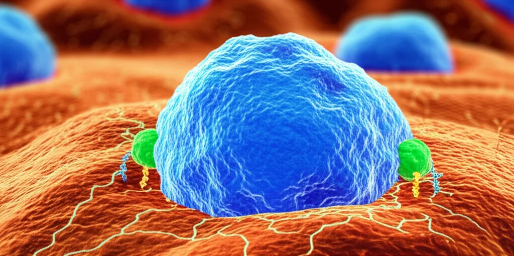Microscopic view of a triple-negative breast cancer cell being targeted by a molecule, macro lens, 100mm, high detail, vibrant colors.