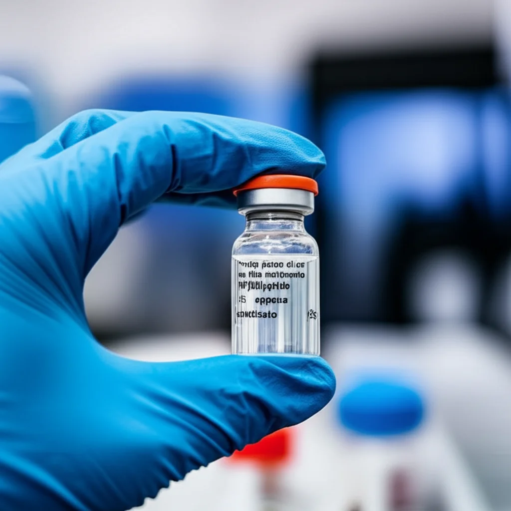 Primo piano di una fiala contenente [18F]fallypride appena sintetizzato, leggermente luminosa, tenuta da una mano guantata in un laboratorio di radiochimica moderno e sterile. Obiettivo macro 90mm, alta definizione, illuminazione controllata che enfatizza la purezza del liquido e i dettagli del guanto e della fiala.