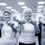 Ritratto di un gruppo eterogeneo di anziani sorridenti e attivi dopo una sessione di allenamento misto (pesi leggeri, esercizi di equilibrio visibili sullo sfondo). Fotografia di ritratto, obiettivo 35mm, duotone blu e grigio per un look moderno ma rassicurante, profondità di campo che mantiene a fuoco il gruppo principale.
