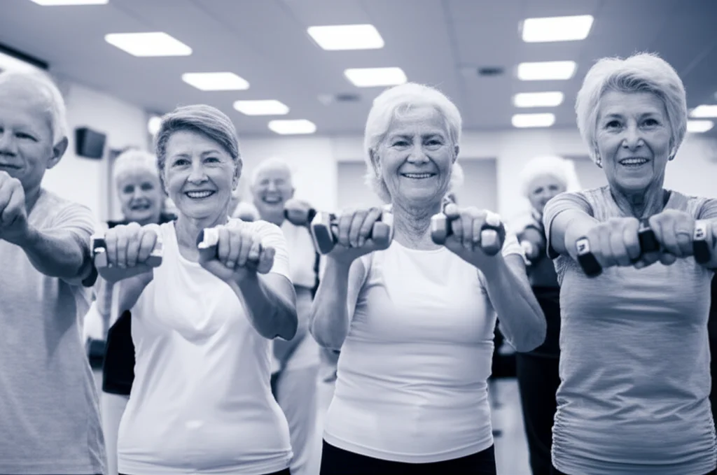 Ritratto di un gruppo eterogeneo di anziani sorridenti e attivi dopo una sessione di allenamento misto (pesi leggeri, esercizi di equilibrio visibili sullo sfondo). Fotografia di ritratto, obiettivo 35mm, duotone blu e grigio per un look moderno ma rassicurante, profondità di campo che mantiene a fuoco il gruppo principale.