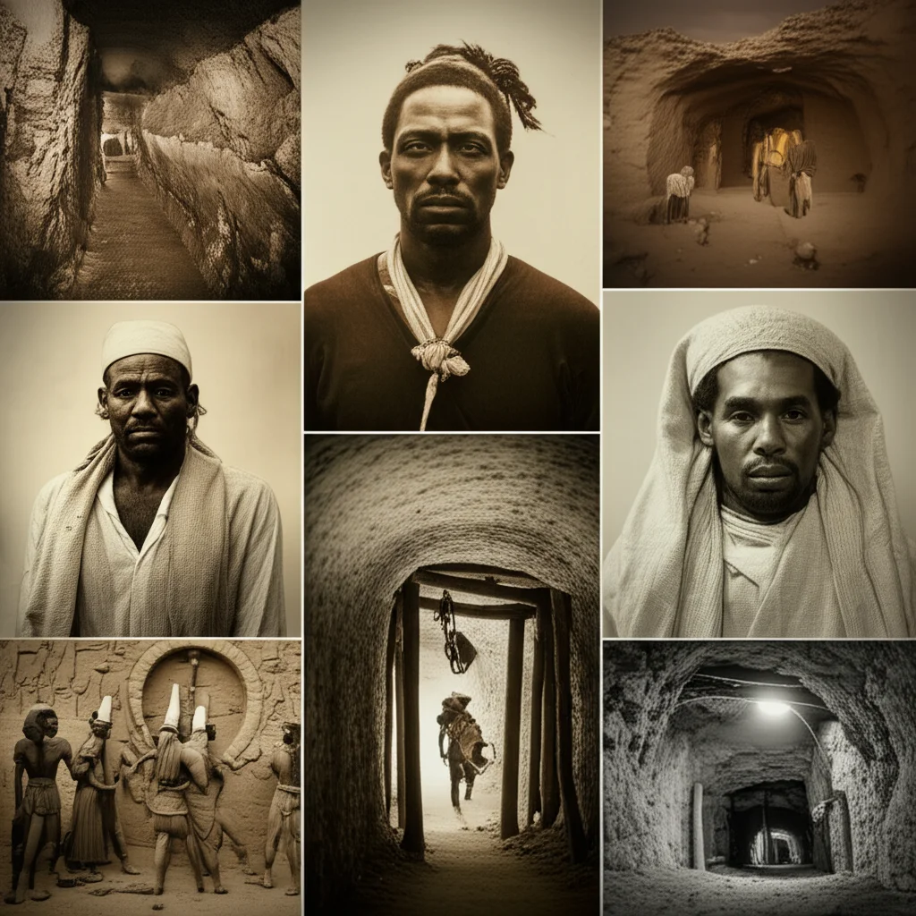 Un collage di immagini che rappresentano la storia della salute sul lavoro in Africa: dall'antico Egitto, alle miniere coloniali, fino ai lavoratori del settore informale odierno. Immagine fotorealistica, con un mix di lenti e stili per catturare epoche diverse, ad esempio un ritratto di un lavoratore egizio con lente da 35mm e toni seppia, e una scena di miniera con teleobiettivo e stile film noir.