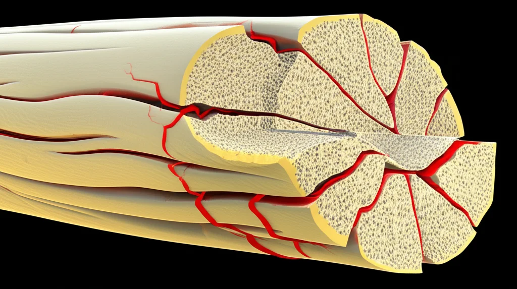 Visualizzazione 3D scientifica e fotorealistica di una microstruttura di osso corticale con osteoni allineati longitudinalmente, che mostra la propagazione di microfratture nello spazio inter-osteonale sotto stress meccanico. Illuminazione drammatica che evidenzia le sottili crepe rosse su sfondo osseo bianco/giallastro, obiettivo virtuale macro 80mm, alta definizione, dettagli precisi sulla struttura porosa.