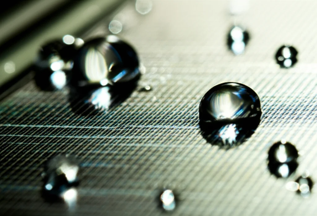 Macro lens, 80mm, high detail, precise focusing, controlled lighting, gocce d'acqua pulita che riflettono la luce solare su una superficie nanostrutturata di un fotocatalizzatore, simboleggiando la purificazione ambientale e l'energia solare.